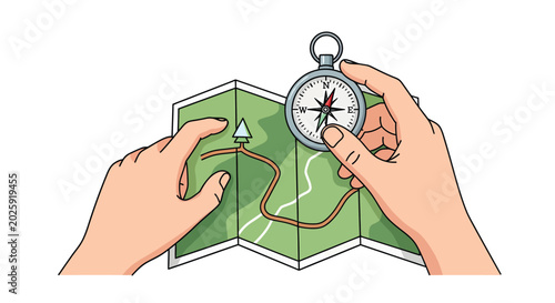 Photos A traveler holds an open navigational chart and a handheld magnetic orienting de