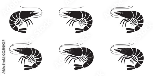 Photos Six identical shrimp shihouettes, vector illustration of crustaceans isolated on transparent background