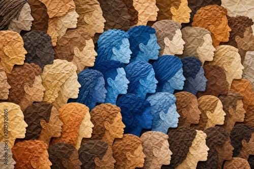 Textured illustration of diverse crowd with a distinct blue group.