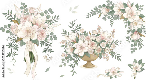 Schilderij op canvas Elegant wedding floral watercolor element set with bridal bouquet arrangement va