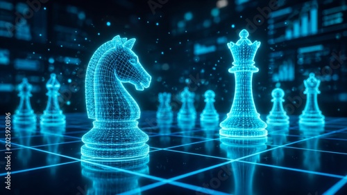 Holographic chess knight and queen on futuristic digital board
