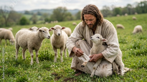 Close-up photorealistic photograph of Jesus kneeling in a green field, tenderly bandaging the injured leg of a small lamb with white cloth, his expression full of compassion and focused care