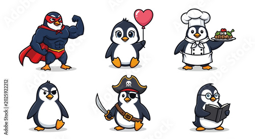 Cute Penguin Characters Set: Superhero, Baker, Pirate, Reader, and Balloon