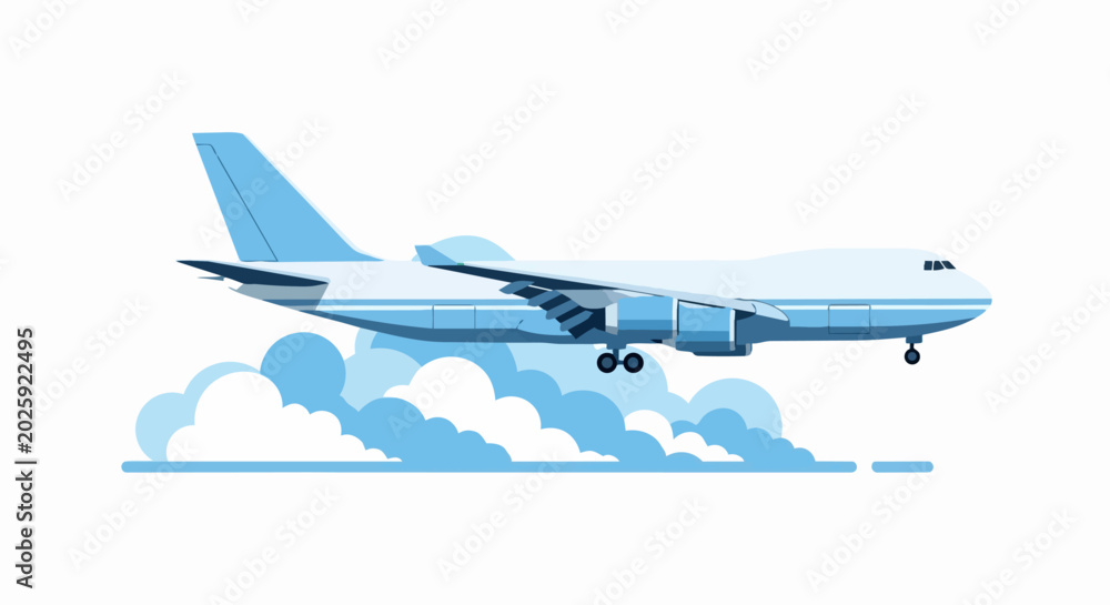 Fototapeta premium Large Commercial Airplane Flying Above Clouds Flat Vector Illustration Isolated on White Background