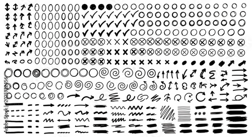 Extensive collection of hand-drawn interface elements including checkmarks circles crosses arrows brush strokes in black ink with collection checkmark interface scribble indicator