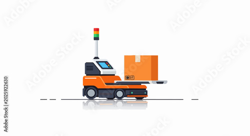 Autonomous Mobile Robot (AMR) Carrying Cardboard Box, Industrial AGV for Smart Warehouse Automation Vector Illustration