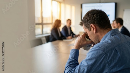 A man drinks from a mug during a blurred business meeting with colleagues in background