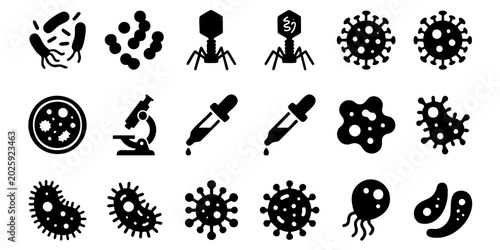Fotografie Various microbiology icons including bacteria, viruses, and laboratory equipment are shown