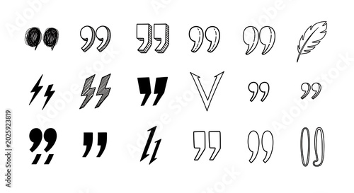Hand-drawn sketch style quotation marks and speech bubble symbols with quotation mark punctuation communication discussion conversation illustration collection expression