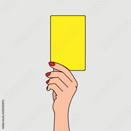 Canvastavla A simple flat vector illustration of a female hand with red nail polish holding a large solid yellow card against a grey background, representing a penalty, foul, or female referee warning in sports