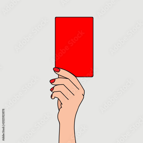 Εκτύπωση καμβά A simple flat vector illustration of a female hand with red nail polish holding a large solid red card against a grey background, representing a penalty, foul, or female referee warning in sports