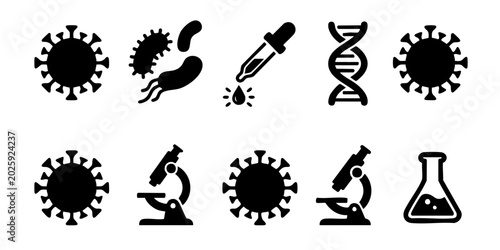Foto Microscopic view of various viruses and laboratory equipment in a science lab se