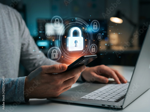 Man holding smartphone with padlock icon, data protection and cybersecurity concept, secure access to internet and personal information.