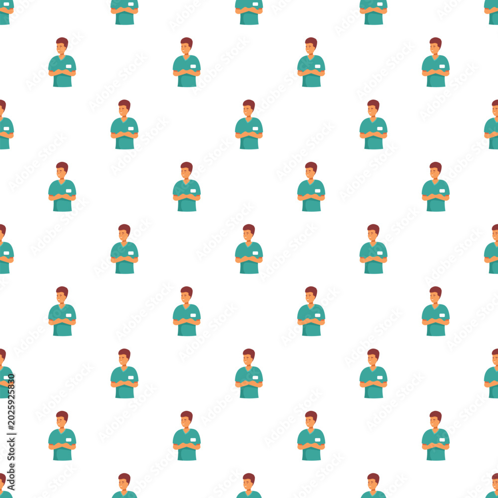 Fototapeta premium Healthcare worker or doctor character in a scrub uniform forming a seamless pattern