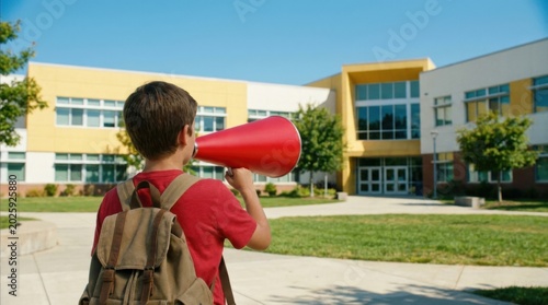 Student with Megaphone Outside School