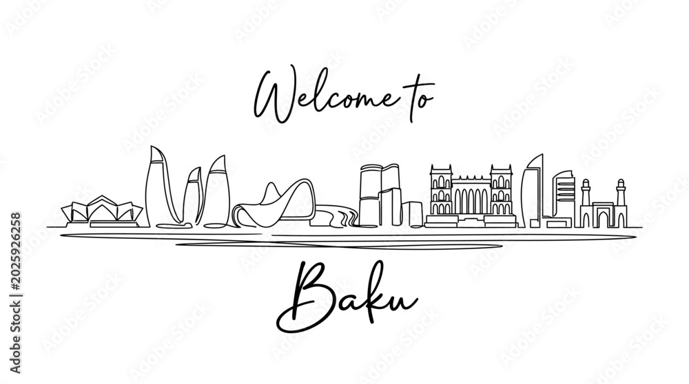 Fototapeta premium Baku Azerbaijan Skyline Line Art Illustration - Welcome City Concept