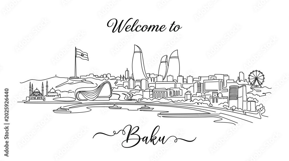 Obraz premium Baku Skyline Sketch - Azerbaijan Cityscape Illustration
