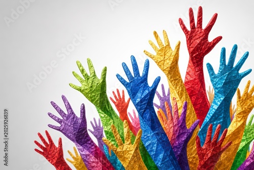 Diverse Group of Colorful Hands Raised in Unity and Support.
