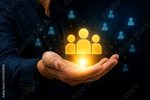 Hand holds a glowing group of people icons representing a team or community, with scattered smaller icons.