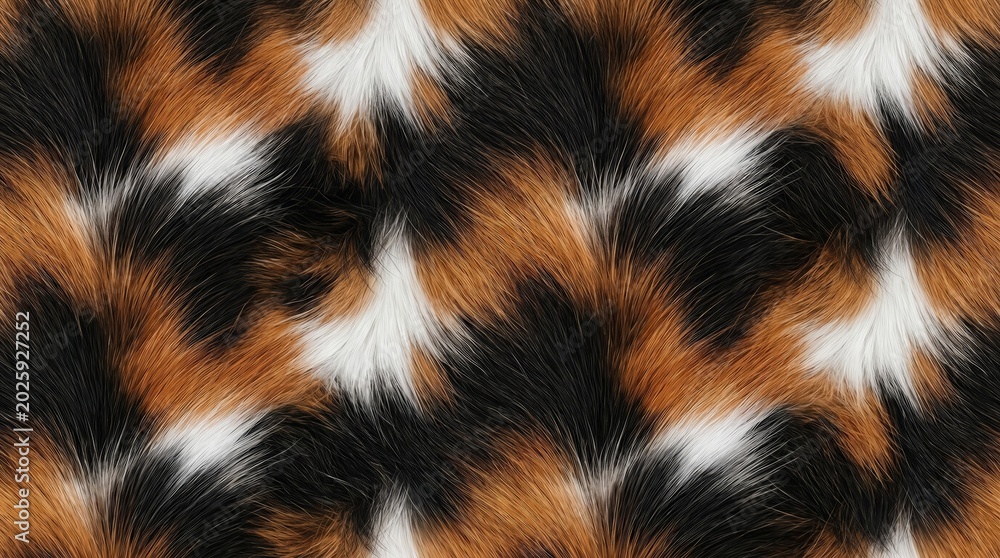 Naklejka premium Seamless pattern of realistic calico cat fur texture, featuring a blend of white, black, and warm orange-brown patches for a natural animal print.