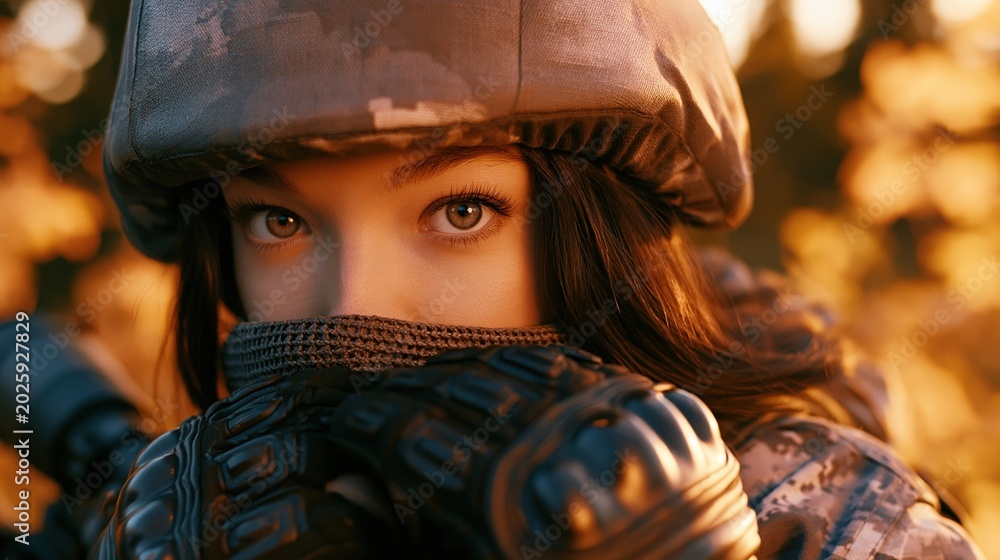 Fototapeta premium Young woman soldier wearing military helmet and tactical gloves in nature. Portrait of determined female fighter protecting country. Patriotism, defense, armed force and duty concept.