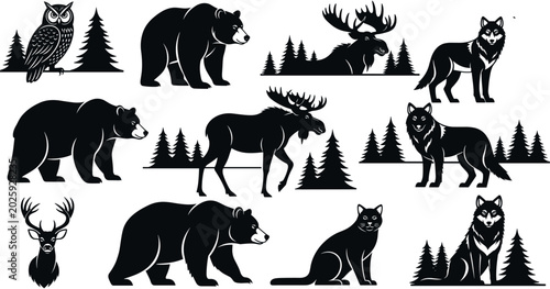 Canvas Print Wild forest animals silhouette set including bear, wolf, moose, owl, deer, and pine trees for nature and wildlife vector designs