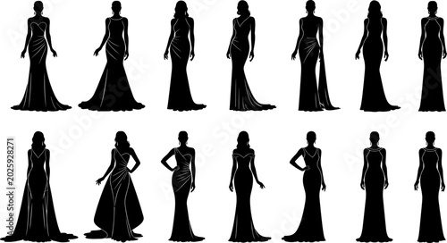 Foto Elegant silhouette of women wearing luxury evening gowns, wedding dresses, formal fashion for gala events, party celebrations and bridal designs