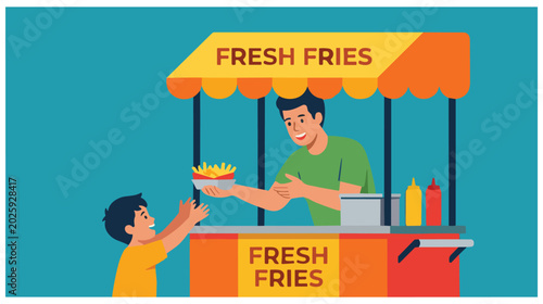 Schilderij op canvas Happy child receives fresh french fries from smiling vendor at food stand