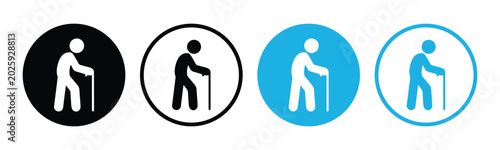 Elderly people assistance sign, minimalist old man walking stick vector.