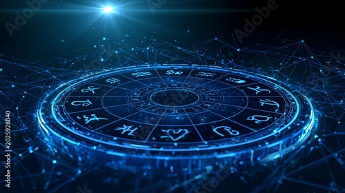 Glowing blue zodiac wheel connecting with digital network, embodying future astrology, cosmic technology, and destiny predictions