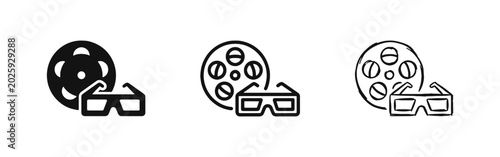 Bild auf Leinwand Cinema and 3D Movie Icon Set with Film Reel and Glasses