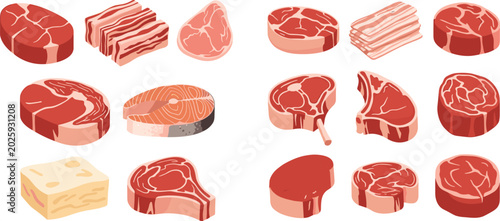 Foto Isometric 3D flat vector illustration set of raw meat protein cuts including bee