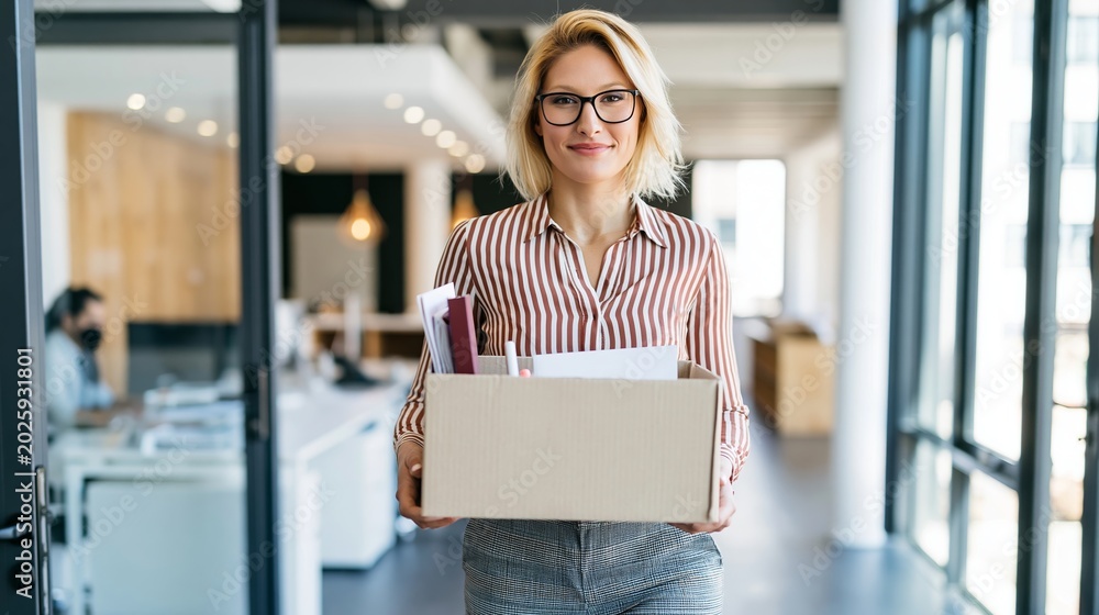 Fototapeta premium Confident professional woman carrying cardboard box in office, symbolizing new job, moving, or career transition