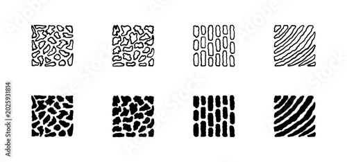 Abstract seamless patterns set in handdrawn doodle style. Organic geometric vector textures with naive outline shapes, minimal striped backgrounds and modern decorative design elements