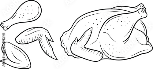 Foto Monochrome hand drawn line art roasted chicken vector illustration kit featuring