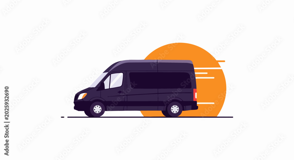 Fototapeta premium Minimalist Vector Illustration of a Fast Delivery Van on a Sunset Background - Express Shipping and Logistics Concept