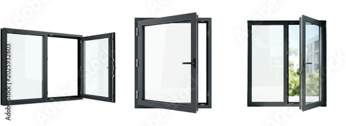 Fotografie Modern aluminum casement windows set, slim black frames with clear glass, contem
