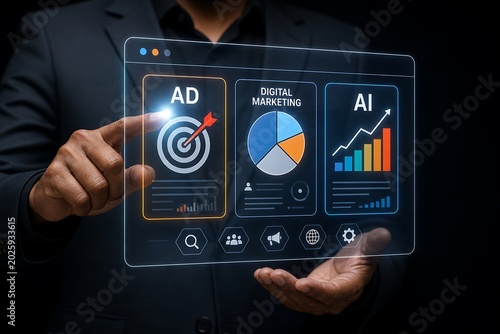Businessman interacts with a futuristic holographic screen displaying digital marketing, advertising analytics, and artificial intelligence metrics.