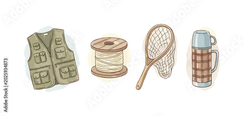 Canvas fishing vest, line spool, landing net, and a thermos of tea shown as symbolic vintage drawings arranged horizontally, soft