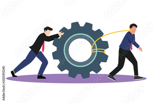 Canvastavla Business Teamwork Concept with Men Pushing and Pulling Huge Gear