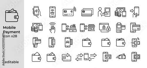 Bild auf Leinwand Mobile Payment and Digital Wallet Outline Icons Set, Contactless Banking Vector