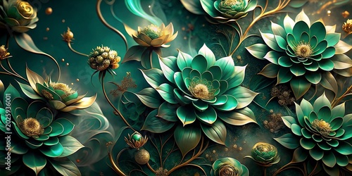 3D wallpaper flowers in gold and cream colors, Mural,neon wallpaper flowers high quality image red golden green flowers with golden leaves on Drak background. White and golden luxury 3d well .