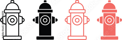 Quadro su tela Fire, hydrant icon set with line and solid styles featuring black and red silhouettes, emergency water access and firefighter safety vector illustration