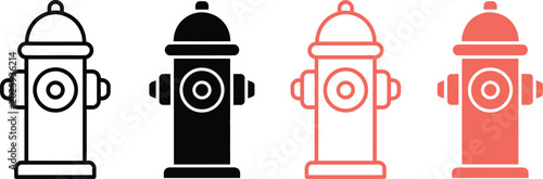 Foto Fire, hydrant icon set with line and solid styles featuring black and red silhouettes, emergency water access and firefighter safety vector illustration