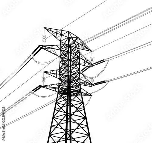 High Voltage Electrical Transmission Tower with Power Lines Vector Illustration for Energy Infrastructure and Utility Systems