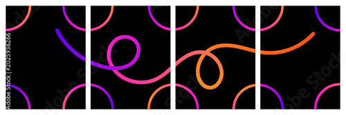 Abstract gradient lines creating a flowing pattern with circular elements on black panels.