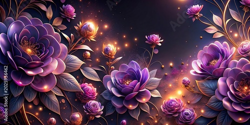 3D wallpaper flowers in gold and cream colors, Mural,neon wallpaper flowers high quality image red golden green flowers with golden leaves on Drak background. White and golden luxury 3d well .