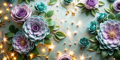3D wallpaper flowers in gold and cream colors, Mural,neon wallpaper flowers high quality image red golden green flowers with golden leaves on Drak background. White and golden luxury 3d well .