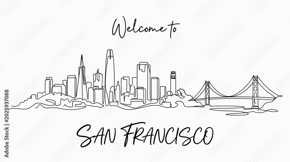 Fototapeta premium San Francisco Skyline Illustration, Welcome Concept, Line Art