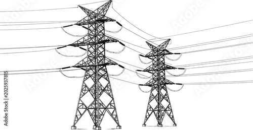 High Voltage Electrical Transmission Towers with Power Lines Vector Illustration for Energy Infrastructure and Utility Grid Networks